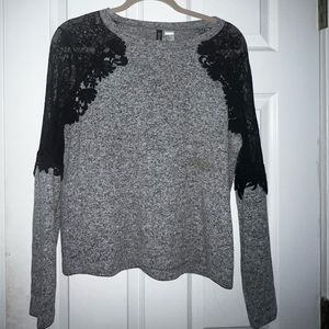 Gray sweater with black lace detail
